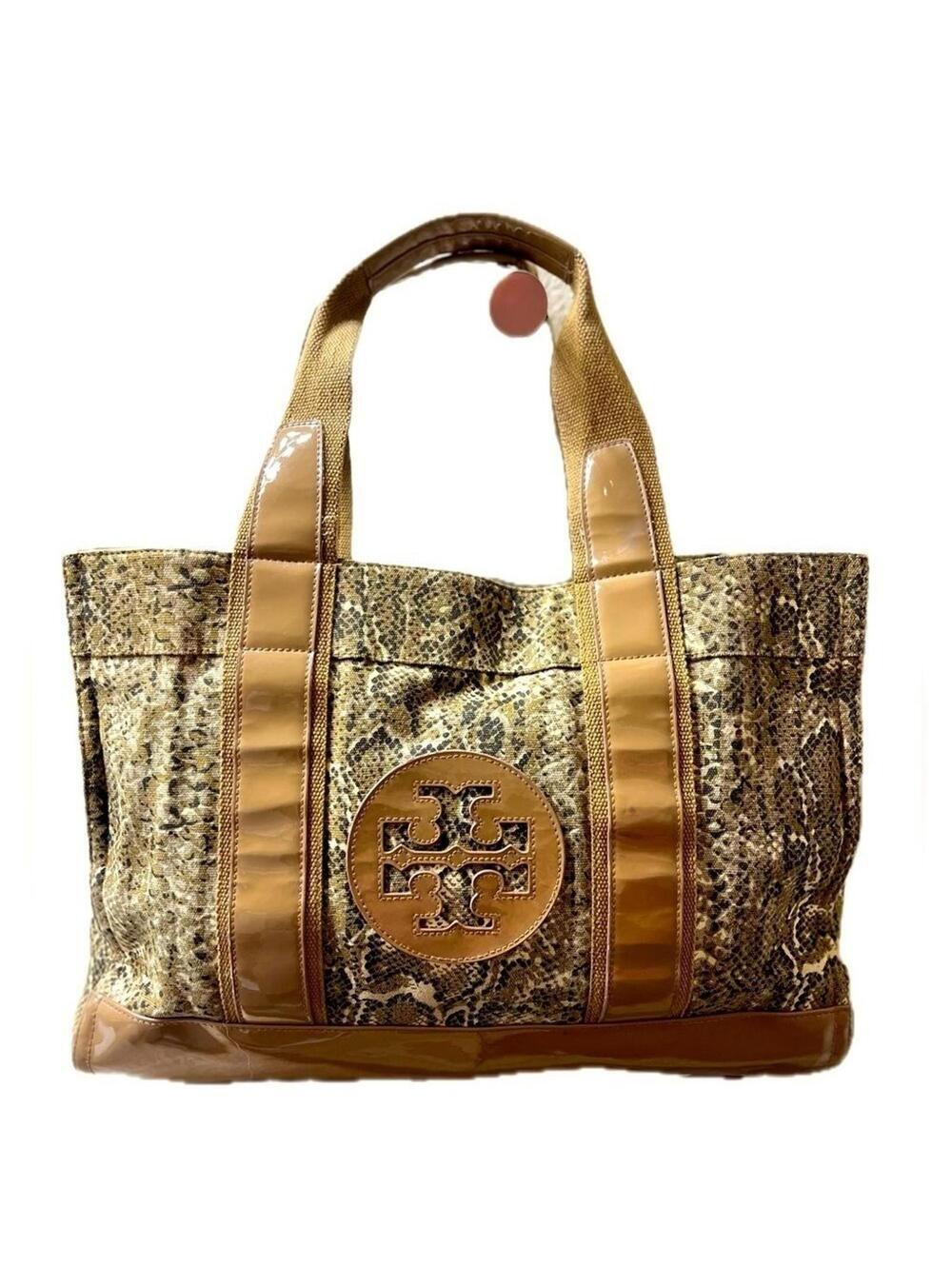 Tory Burch Women’s Snakeskin Canvas & Caramel Patent Leather Shoulder Tote
